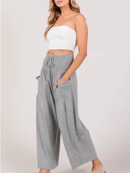 Wide Leg Smocked Waist Pants In Light Gray